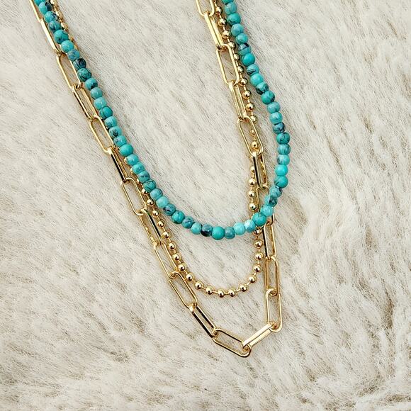 NEW J. Crew Beaded Triple Layer Gold and Turquoise Necklace - Picture 5 of 8